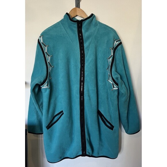 Bob Mackie Teal Tribal Embroidered Fleece Zip Up Jacket Size 1X - Picture 1 of 8